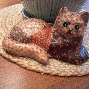 Patchwork Decoupage Calico Cat Figurine Vintage 70’s